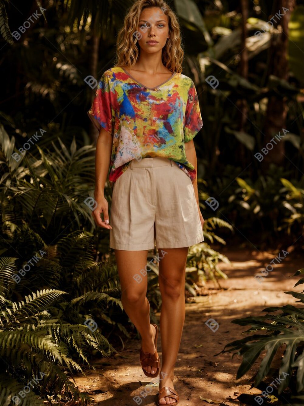 Sherwood Forest Abstract Art V‑Neck Blouse – Rare VIDA × Noora Elkoussy Collab